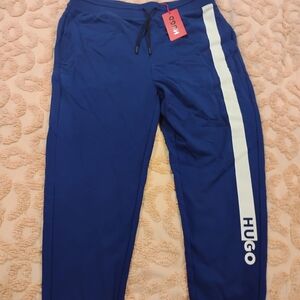 HUGO Navy Blue Sweatpants with White Stripe and Drawstring Waist